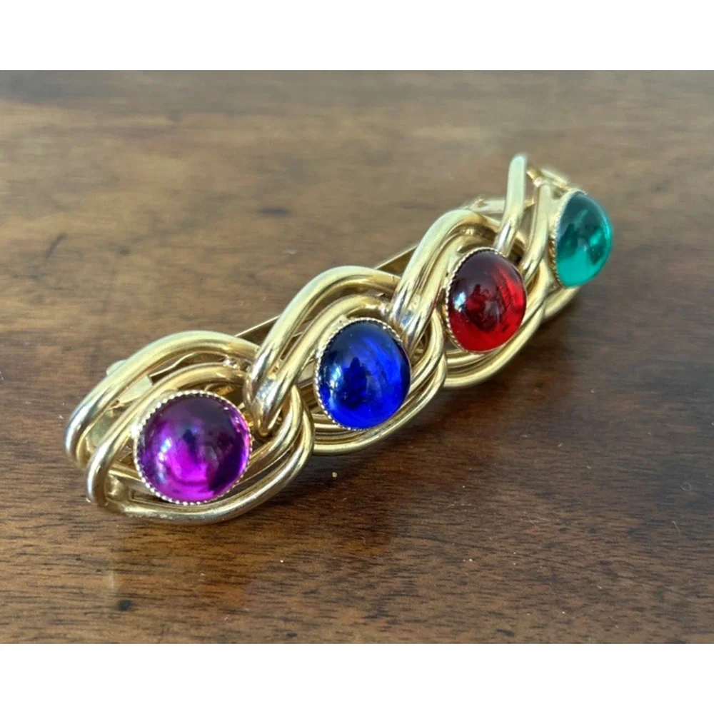 Vintage Charles J Wahba France Gold Tone Braided Barrette Multicolor Cabochons